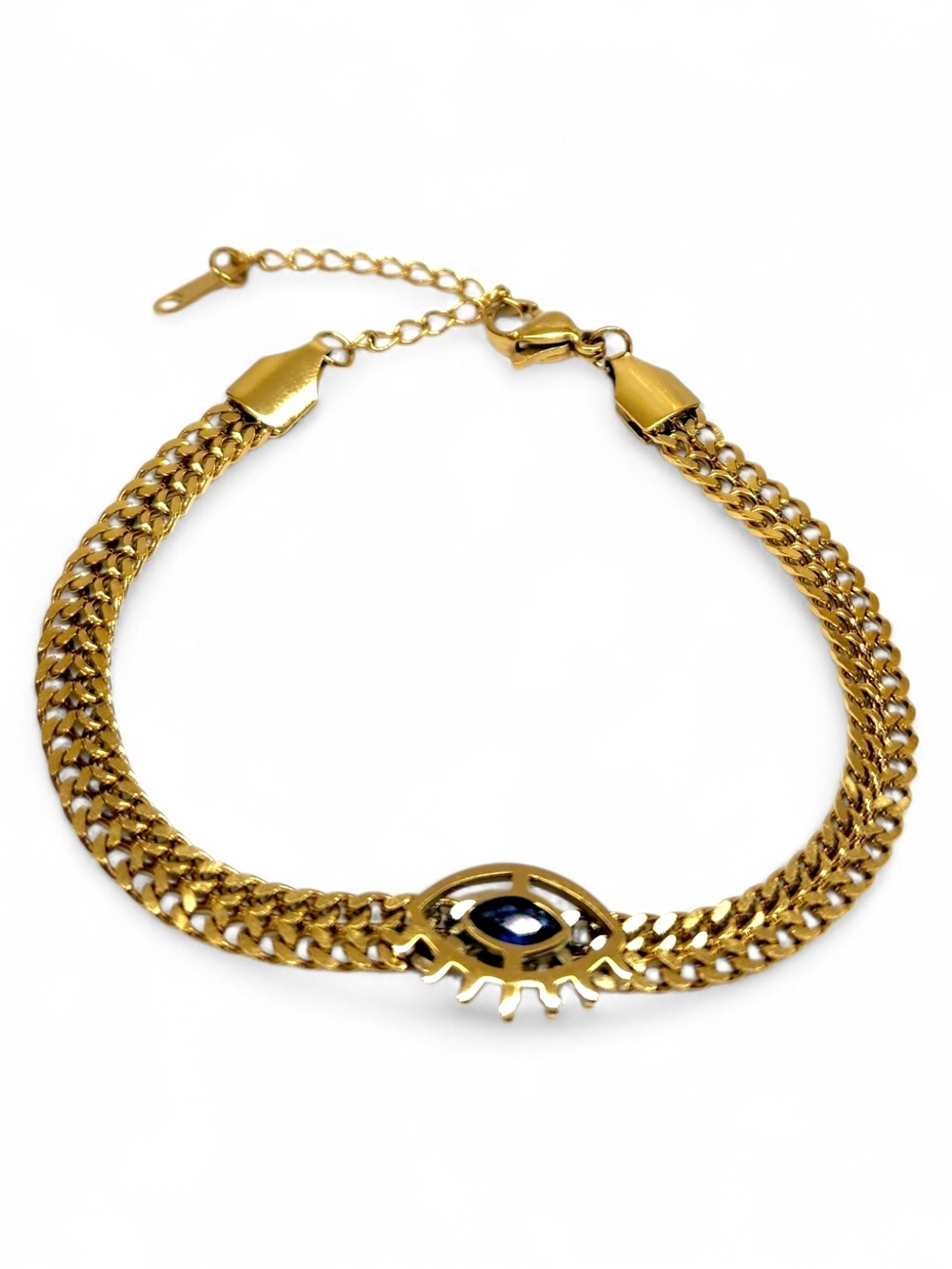Gold Stainless Steel Evil Eye Chain Bracelet with Blue Stone